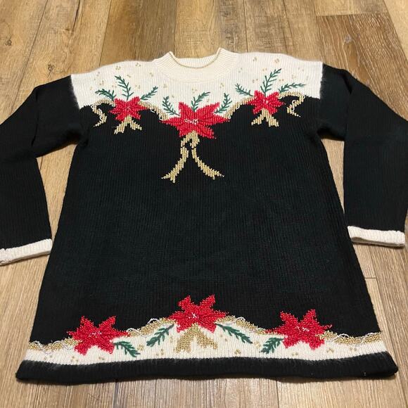 VTG Dana Scott Wool Blend Holiday Christmas Poinsettia Sweater Black Gold Size L - Picture 3 of 6